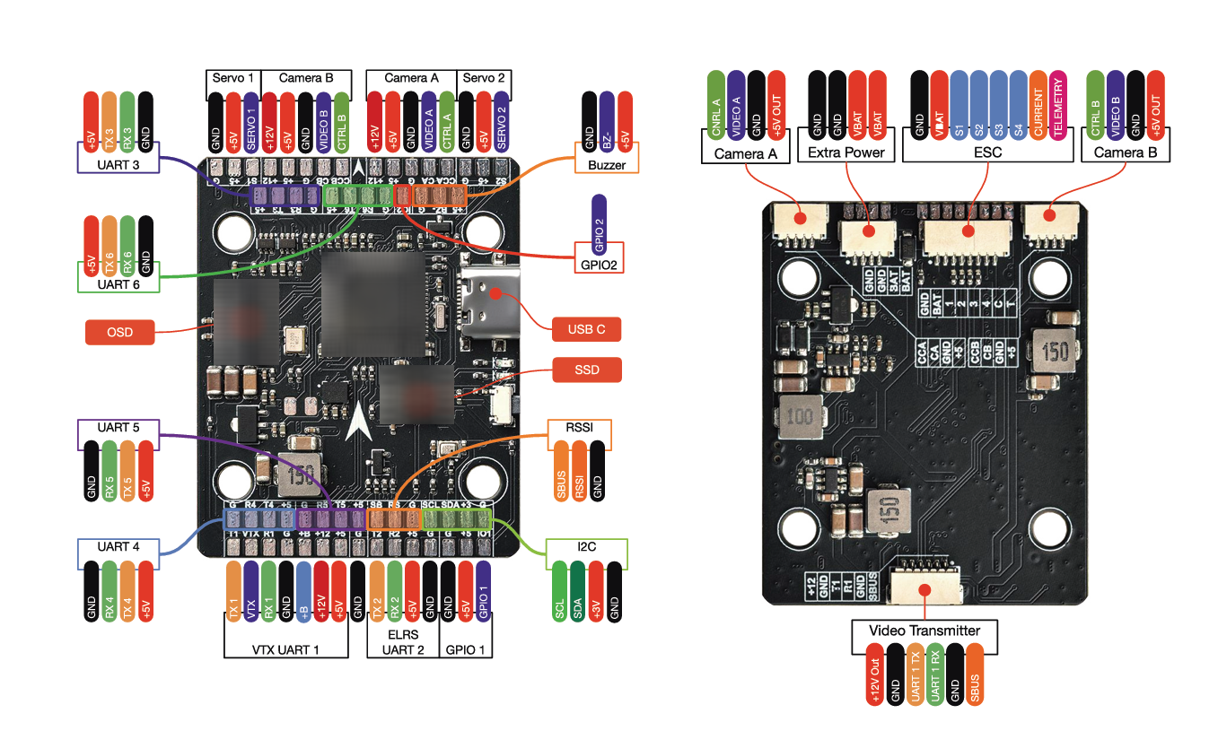 NAS flight controller pinout diagram — top and bottom board views with UART, GPIO, ELRS, I2C, camera, ESC and power connections labelled
