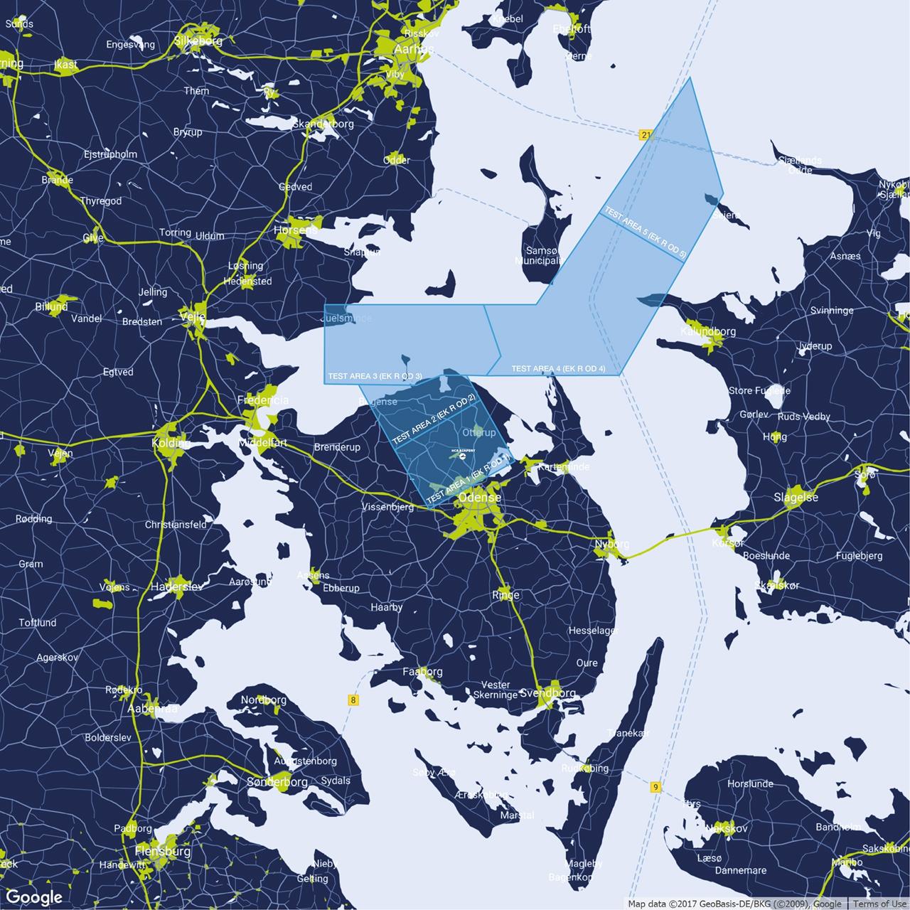 Test area map of Funen, Denmark — Odense and surrounding airspace zones