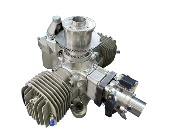 NAS 2 dual-cylinder boxer engine — assembled three-quarter view showing crankshaft gear, twin cylinders and integrated ignition / fuel system.